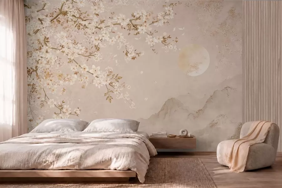 Papier peint Une branche en fleurs au-dessus des montagnes brumeuses et du soleil w05695
