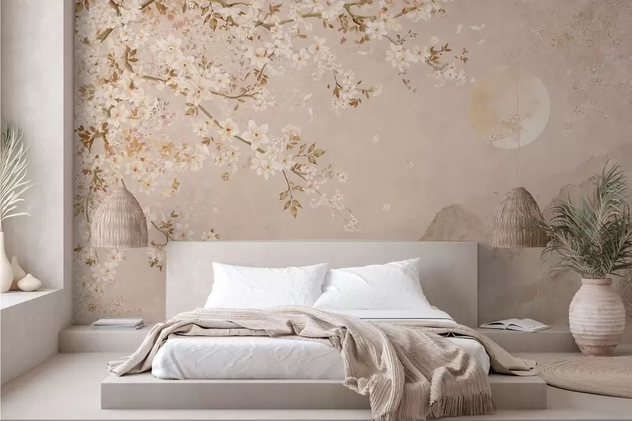 Papier peint Une branche en fleurs au-dessus des montagnes brumeuses et du soleil w05695