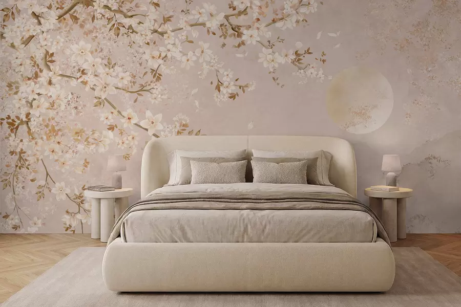 Papier peint Une branche en fleurs au-dessus des montagnes brumeuses et du soleil w05695
