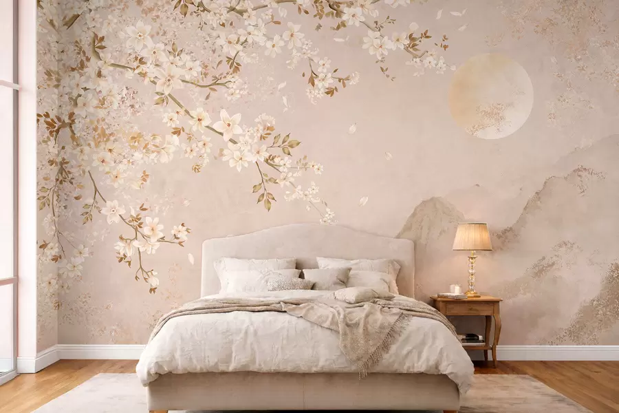 Papier peint Une branche en fleurs au-dessus des montagnes brumeuses et du soleil w05695