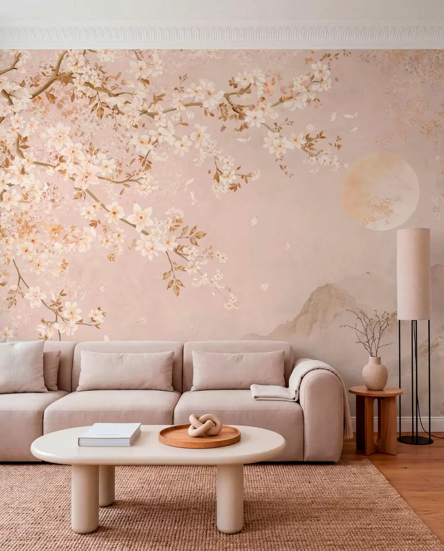 Papier peint Une branche en fleurs au-dessus des montagnes brumeuses et du soleil w05695