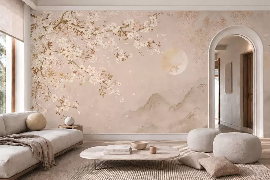 Papier peint Une branche en fleurs au-dessus des montagnes brumeuses et du soleil w05695