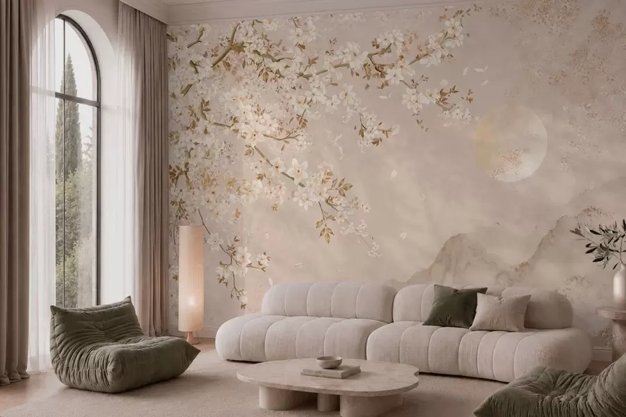 Papier peint Une branche en fleurs au-dessus des montagnes brumeuses et du soleil w05695