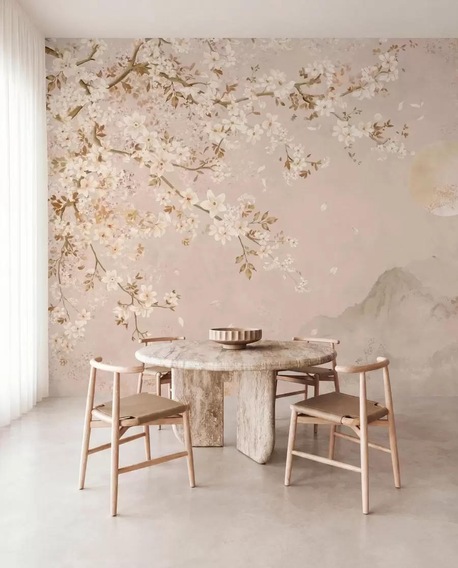 Papier peint Une branche en fleurs au-dessus des montagnes brumeuses et du soleil w05695