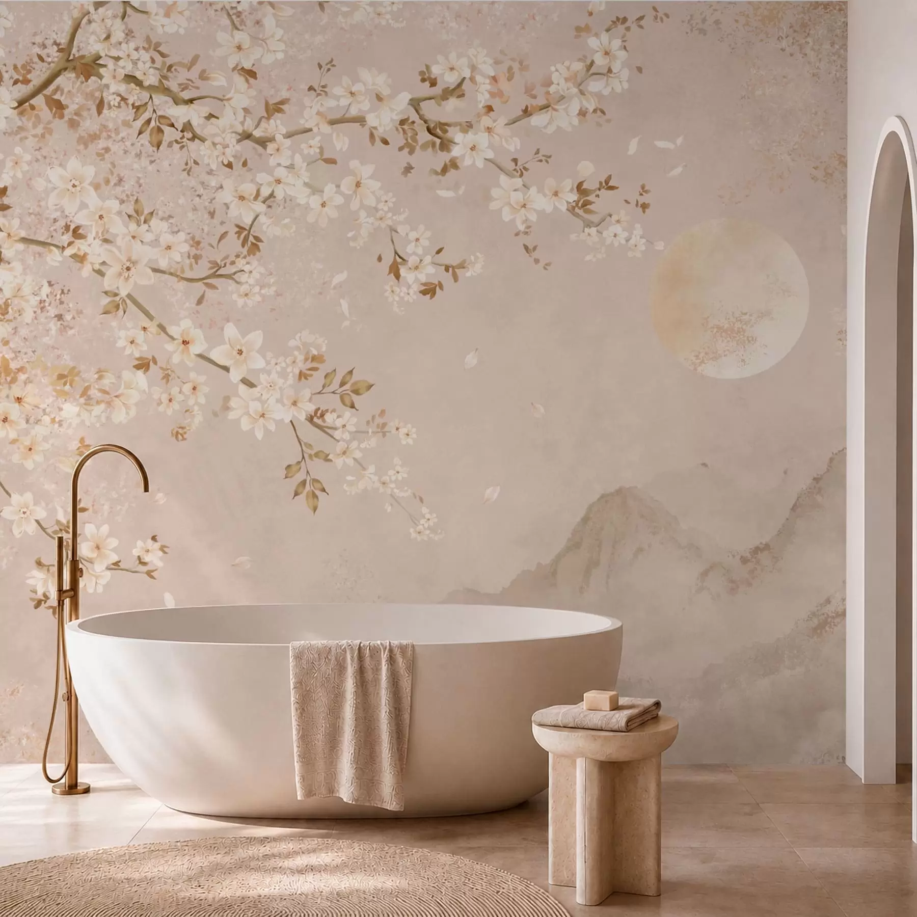 Papier peint Une branche en fleurs au-dessus des montagnes brumeuses et du soleil w05695