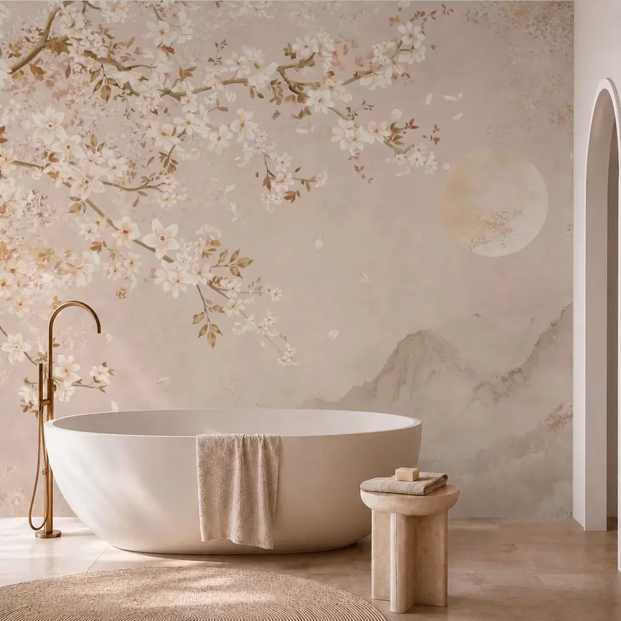 Papier peint Une branche en fleurs au-dessus des montagnes brumeuses et du soleil w05695