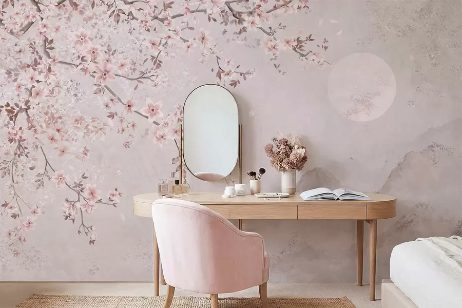 Papier peint Des fleurs roses sur une branche au-dessus d'un paysage de montagne paisible w05695v1