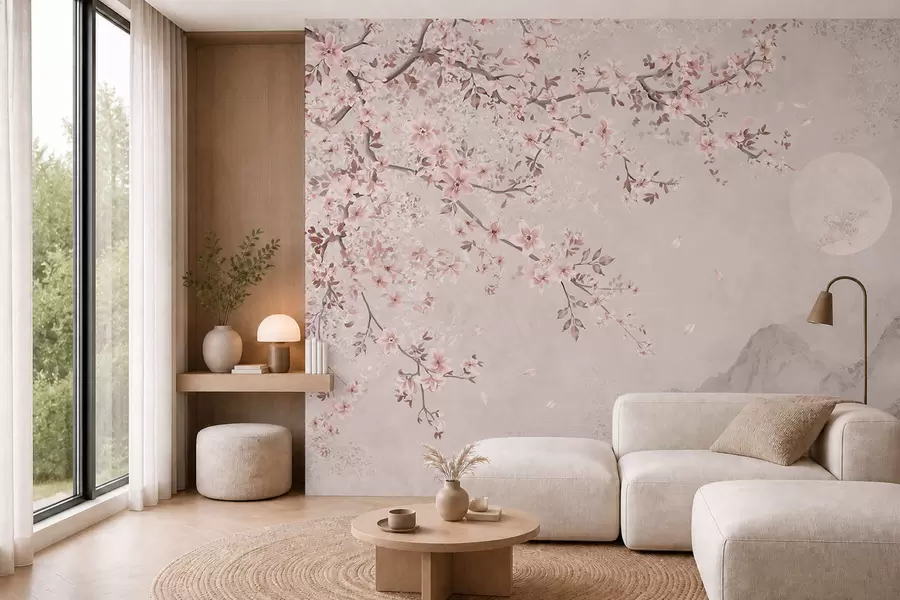 Papier peint Des fleurs roses sur une branche au-dessus d'un paysage de montagne paisible w05695v1