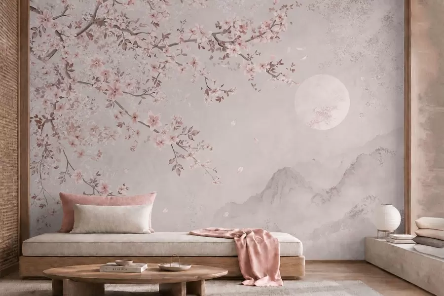 Papier peint Des fleurs roses sur une branche au-dessus d'un paysage de montagne paisible w05695v1