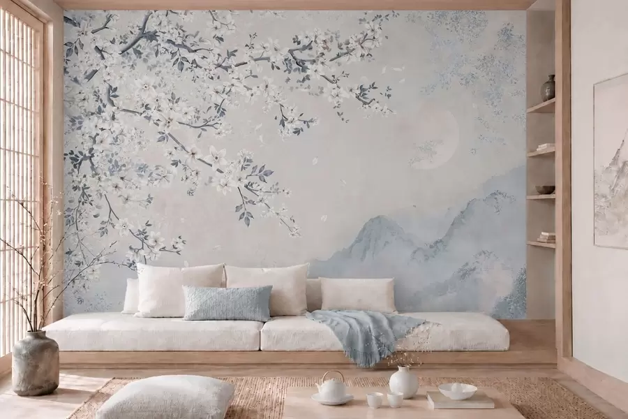 Papier peint Une branche en fleurs délicate au-dessus de montagnes brumeuses et de la lune w05695v2