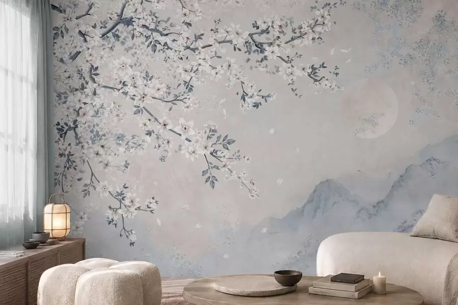 Papier peint Une branche en fleurs délicate au-dessus de montagnes brumeuses et de la lune w05695v2