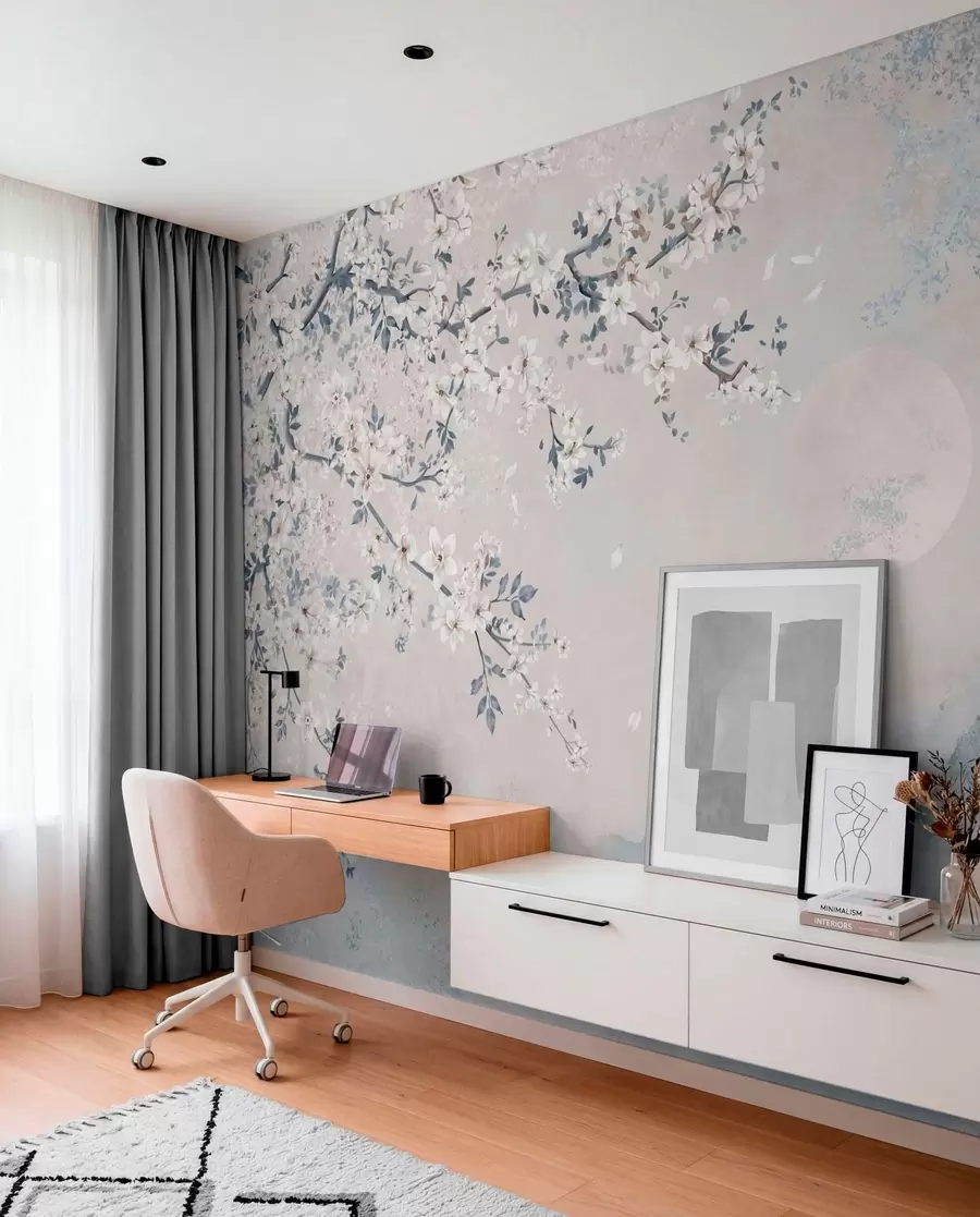 Papier peint Une branche en fleurs délicate au-dessus de montagnes brumeuses et de la lune w05695v2
