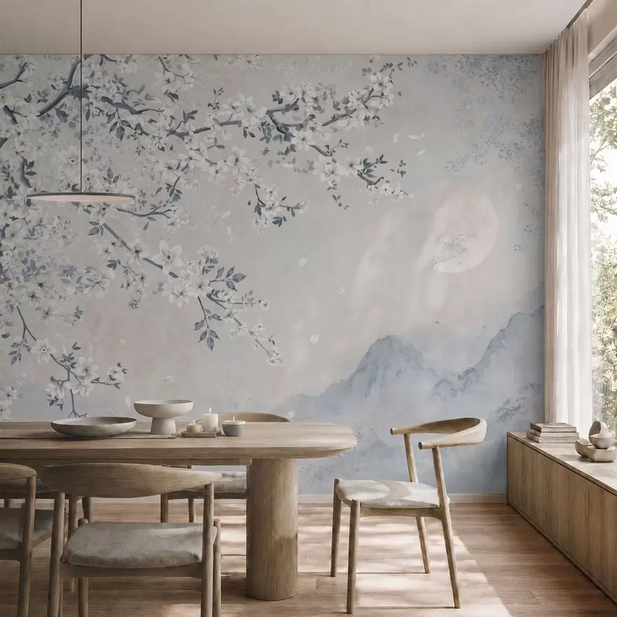 Papier peint Une branche en fleurs délicate au-dessus de montagnes brumeuses et de la lune w05695v2