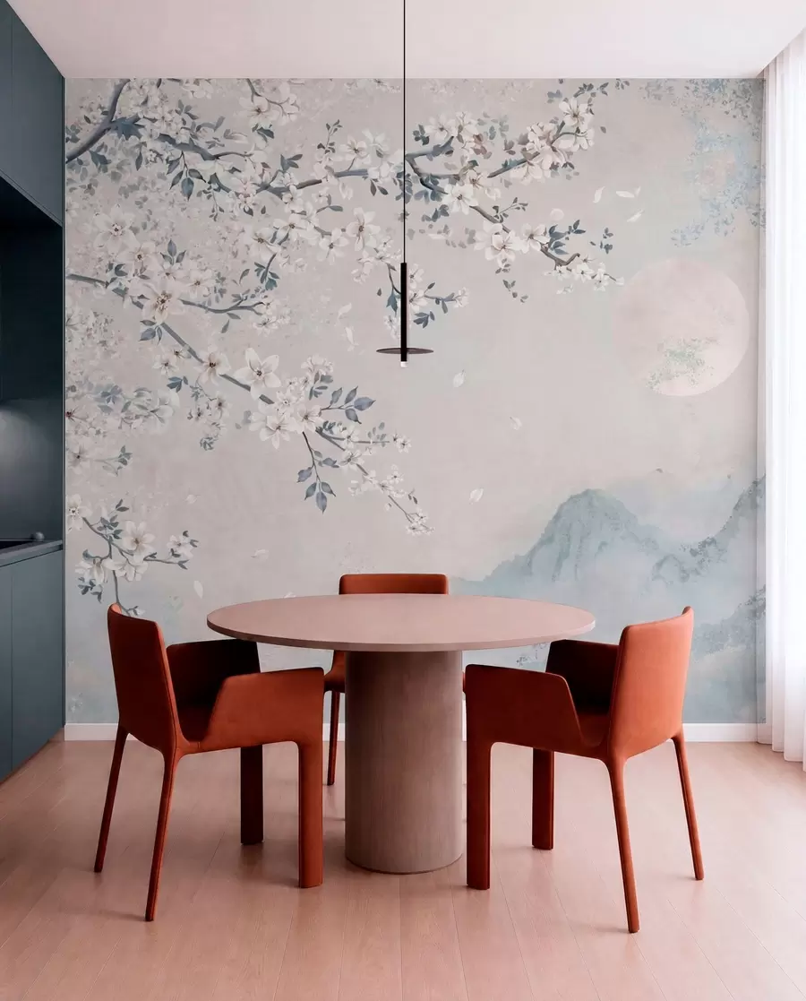 Papier peint Une branche en fleurs délicate au-dessus de montagnes brumeuses et de la lune w05695v2