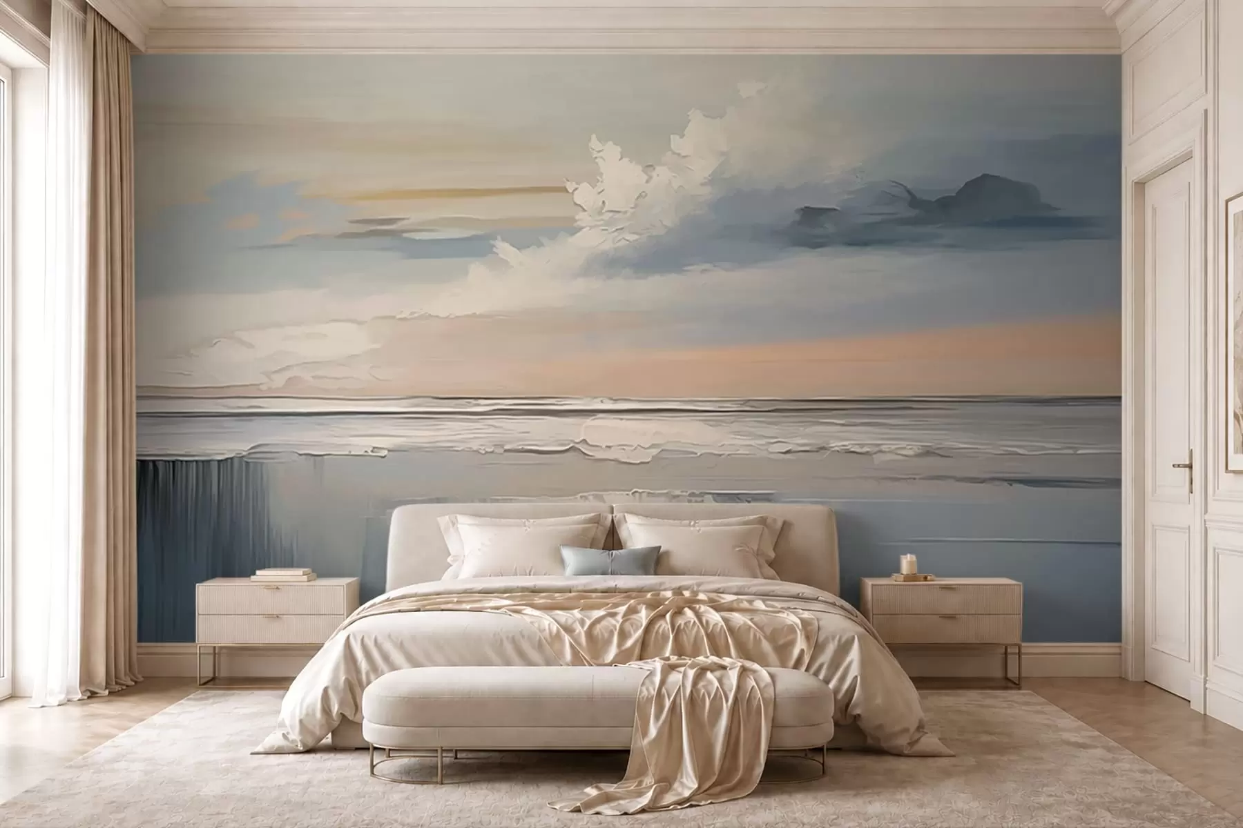 Papier peint Côte au pastel avec des nuages et des reflets sur l'eau w05687