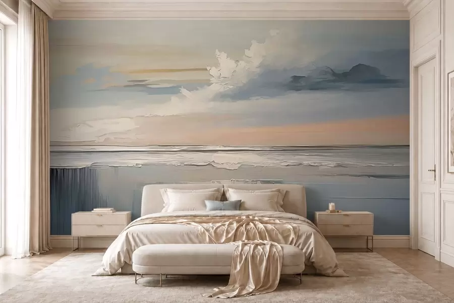 Papier peint Côte au pastel avec des nuages et des reflets sur l'eau w05687