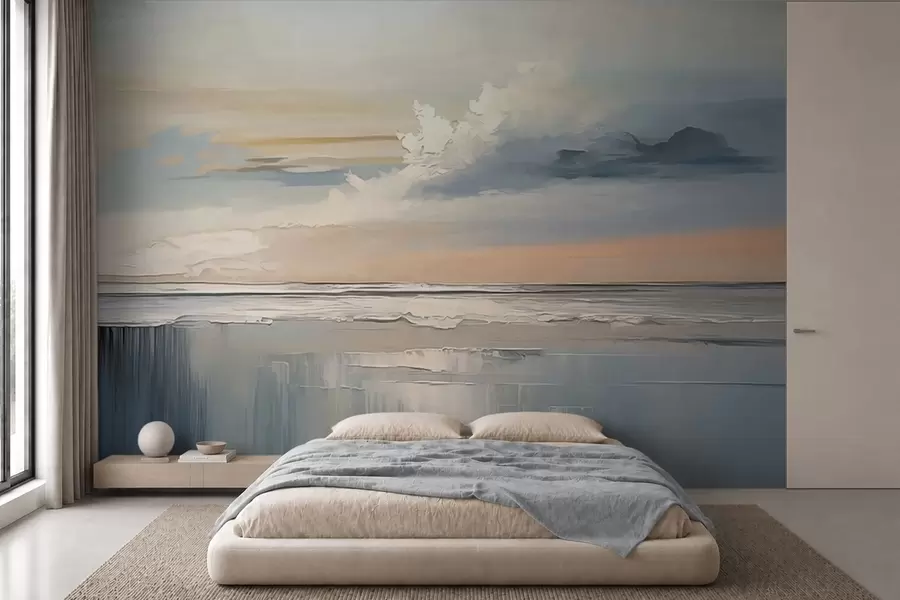 Papier peint Côte au pastel avec des nuages et des reflets sur l'eau w05687