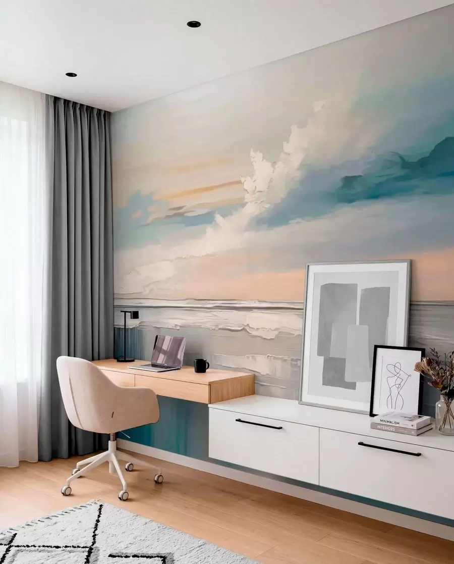 Papier peint Côte au pastel avec des nuages et des reflets sur l'eau w05687
