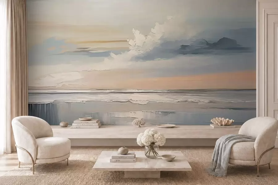Papier peint Côte au pastel avec des nuages et des reflets sur l'eau w05687