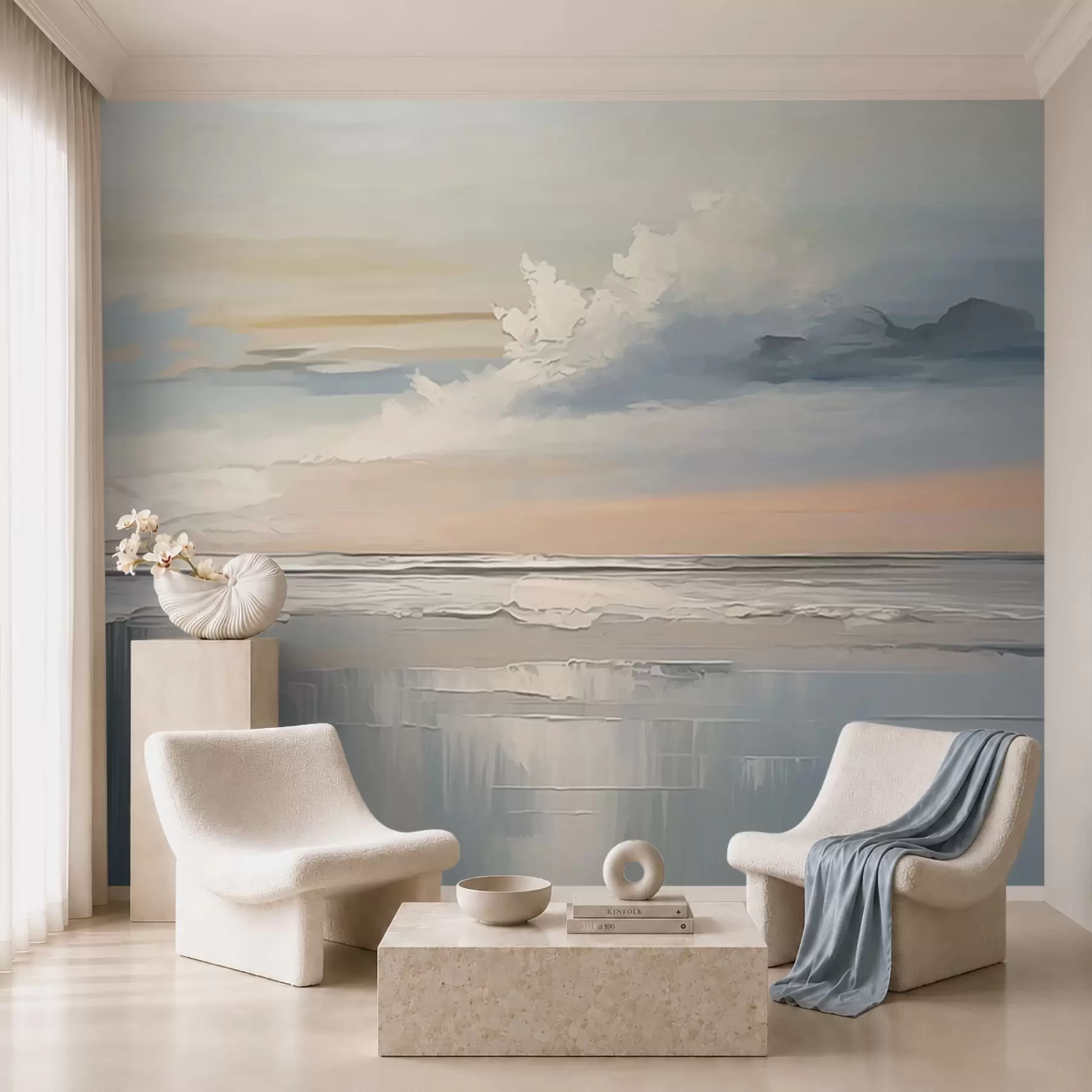 Papier peint Côte au pastel avec des nuages et des reflets sur l'eau w05687