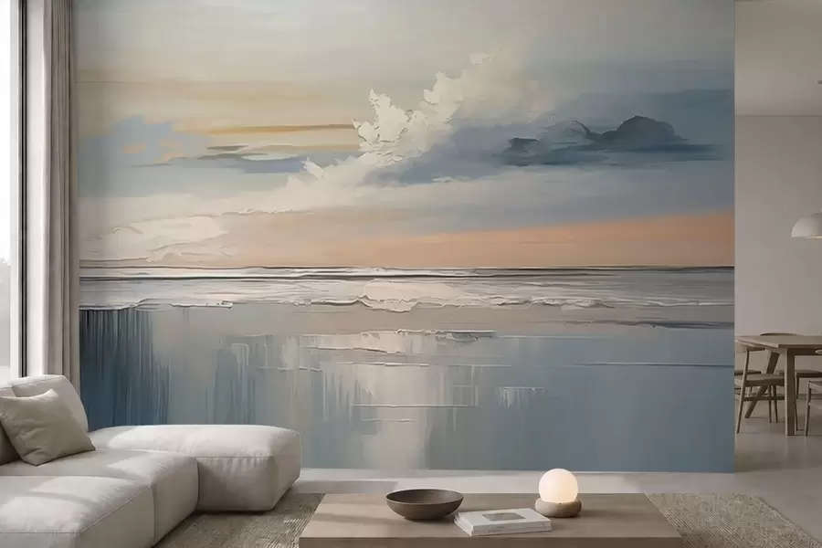 Papier peint Côte au pastel avec des nuages et des reflets sur l'eau w05687