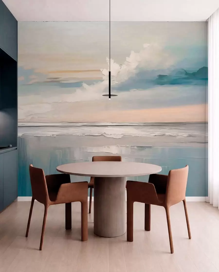 Papier peint Côte au pastel avec des nuages et des reflets sur l'eau w05687