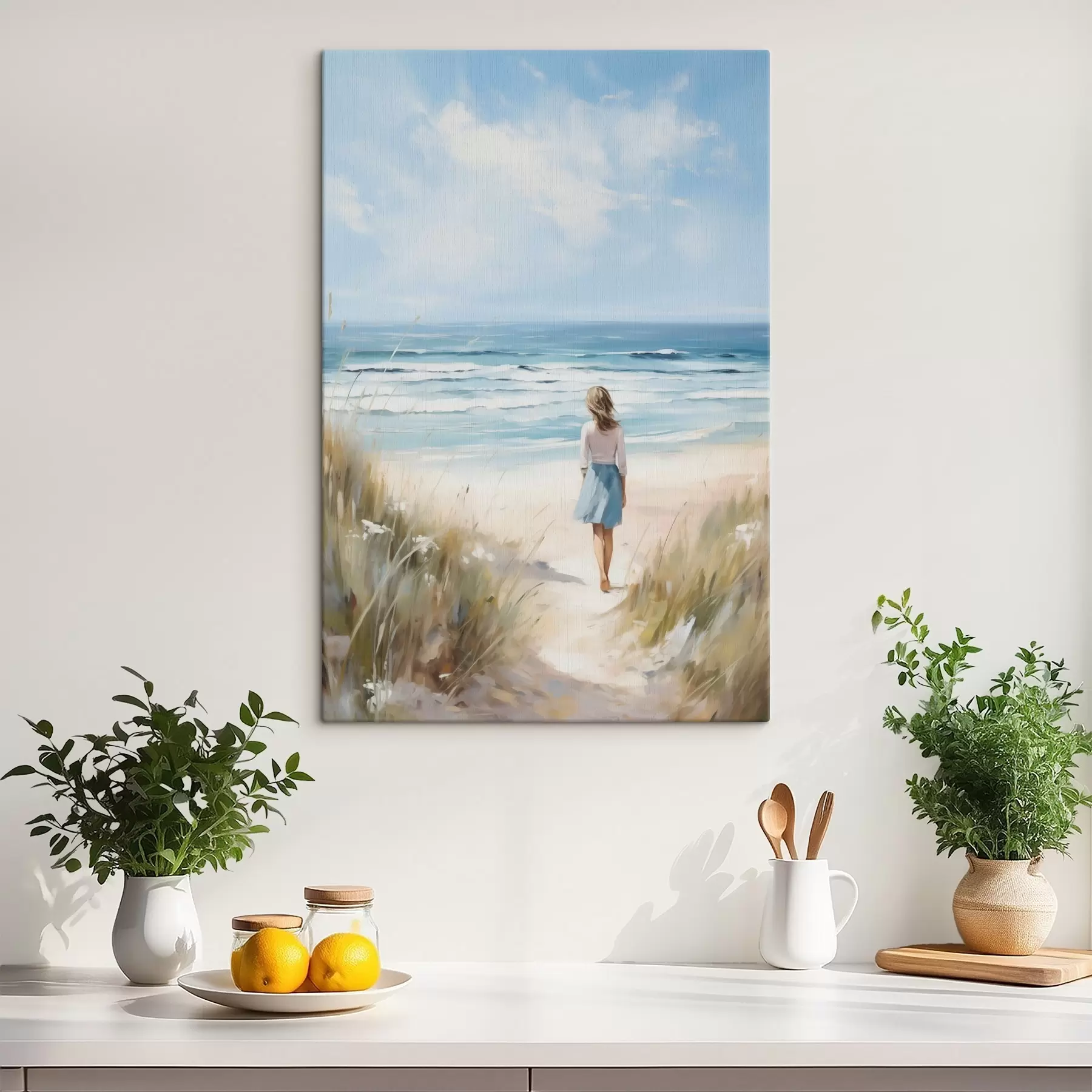 Tableau Une jeune fille marchant vers la mer, imitation d'un tableau s49500