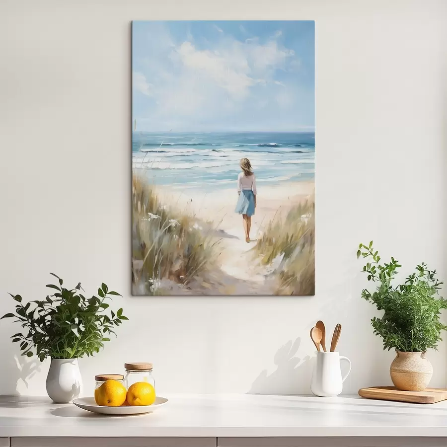 Tableau Une jeune fille marchant vers la mer, imitation d'un tableau s49500