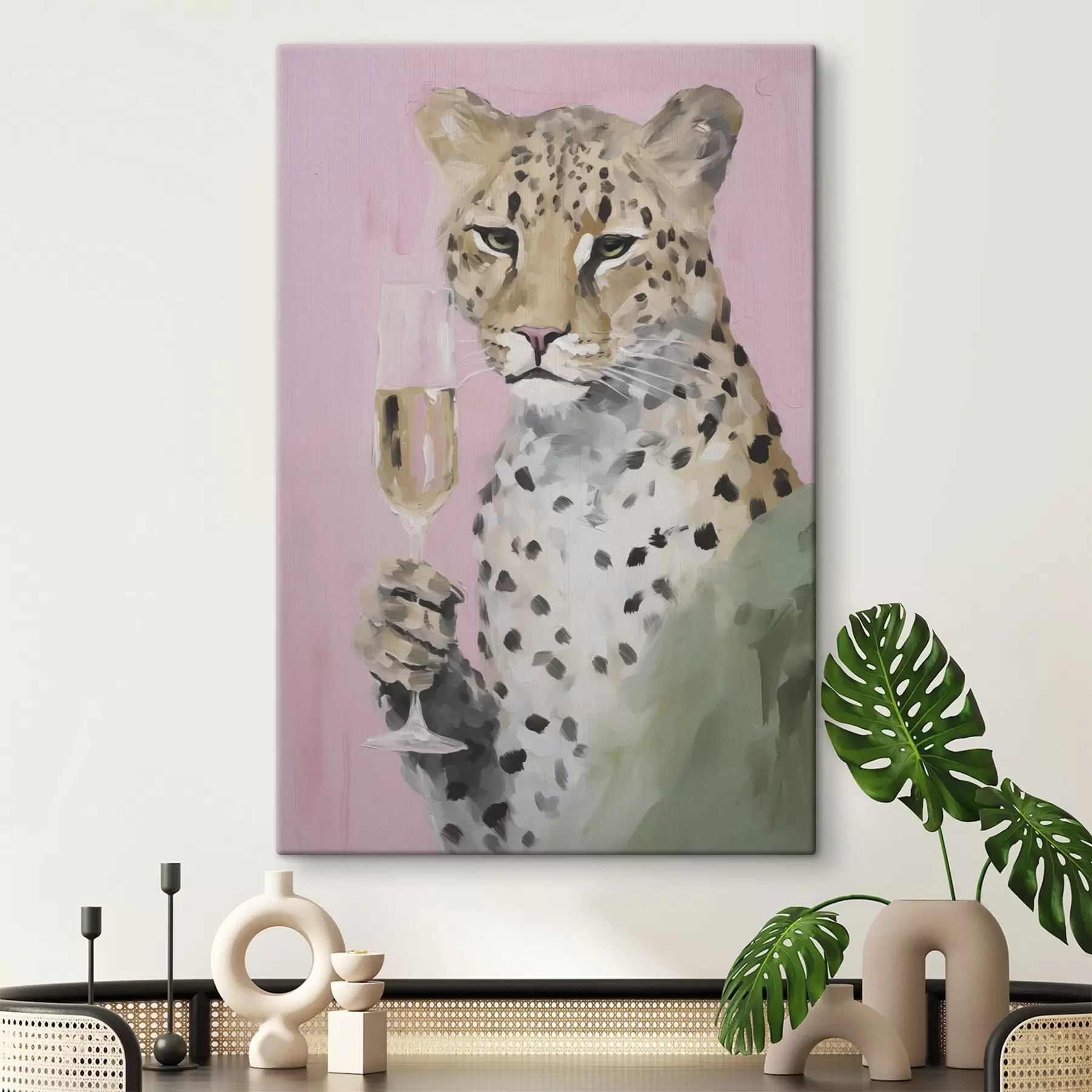 Tableau Peinture représentant un léopard tenant un verre s49511