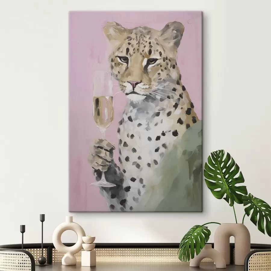 Tableau Peinture représentant un léopard tenant un verre s49511