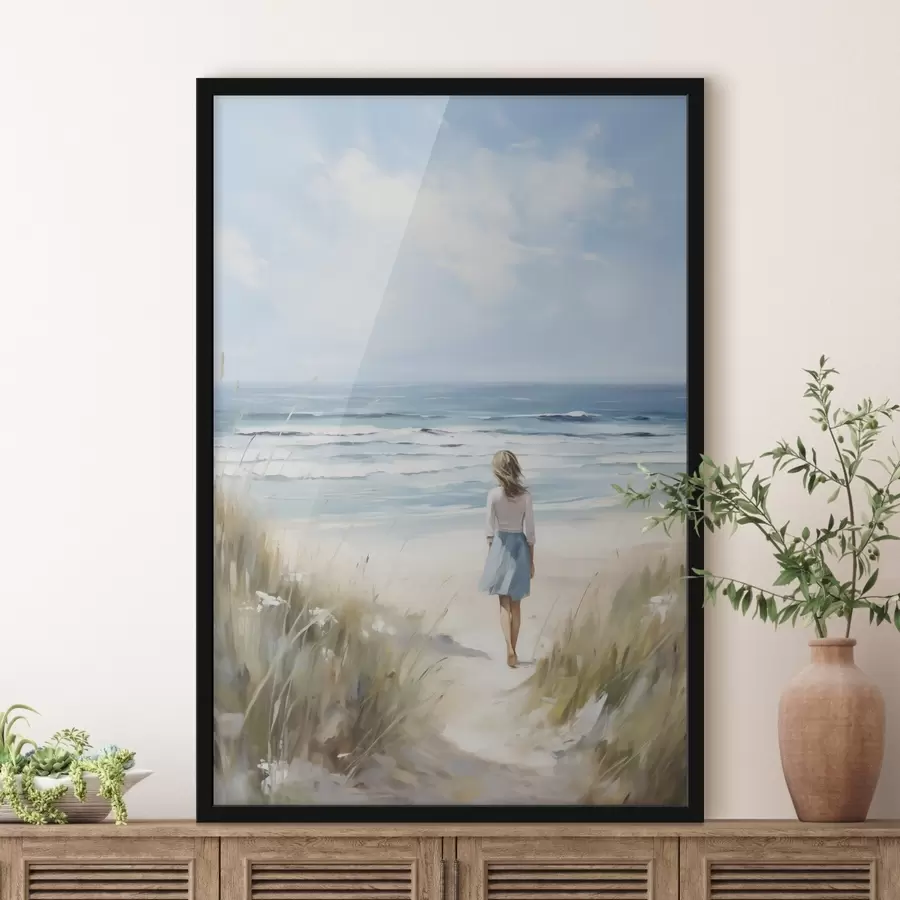 Papier peint Une jeune fille marchant vers la mer, imitation d'un tableau f49500