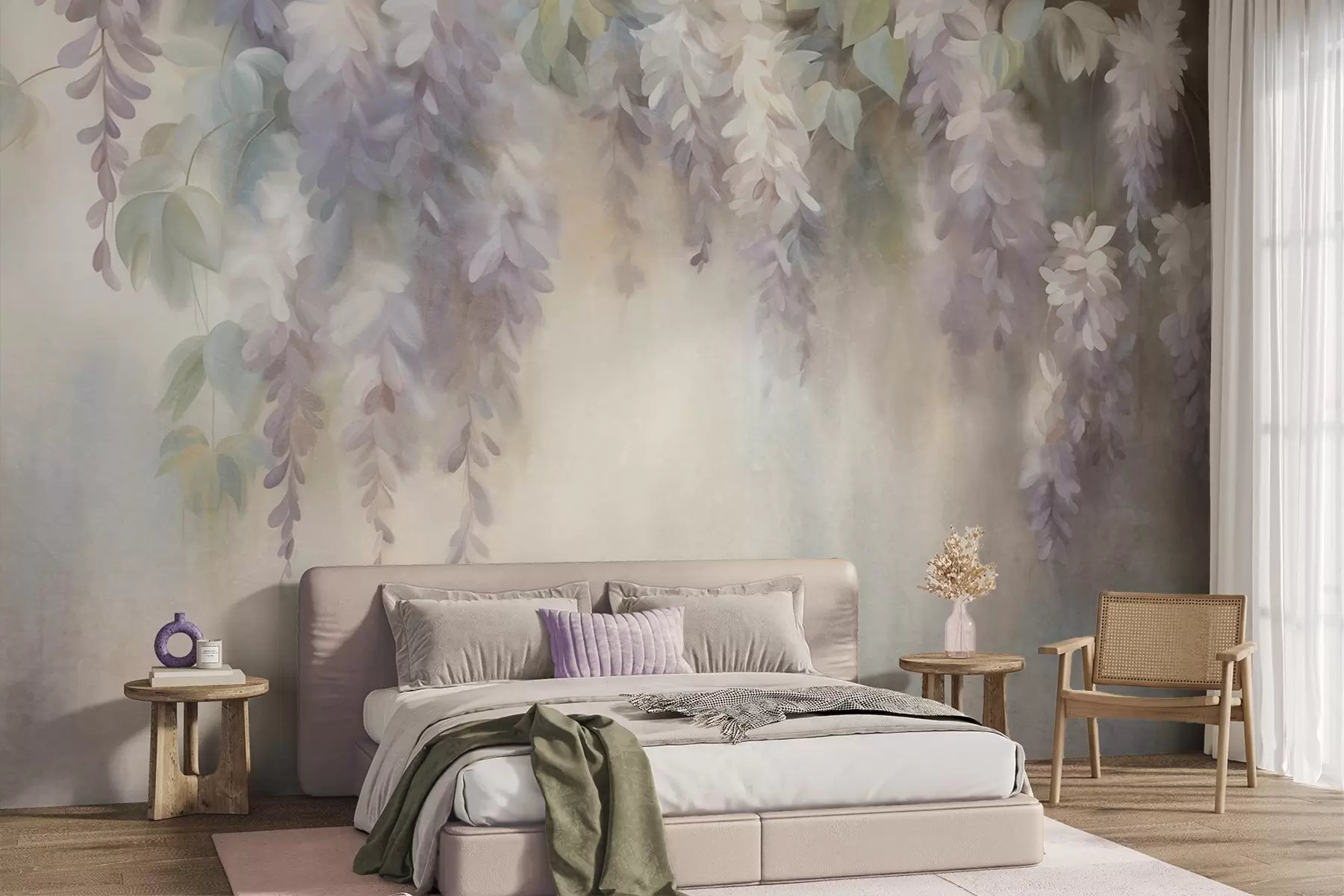 Papier peint Fleurs de glycine violet clair texturées retombant en grappes, accompagnées de feuilles vertes, sur fond pastel w09896