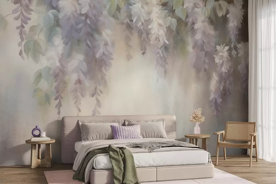 Papier peint Fleurs de glycine violet clair texturées retombant en grappes, accompagnées de feuilles vertes, sur fond pastel w09896