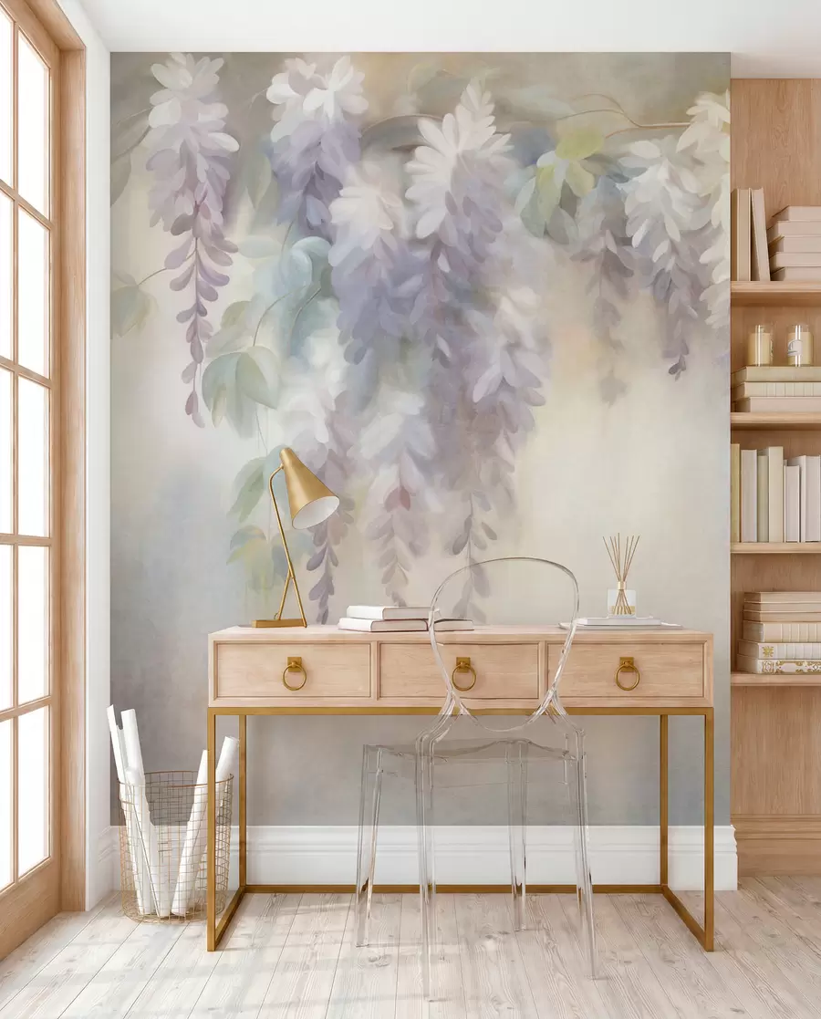 Papier peint Fleurs de glycine violet clair texturées retombant en grappes, accompagnées de feuilles vertes, sur fond pastel w09896