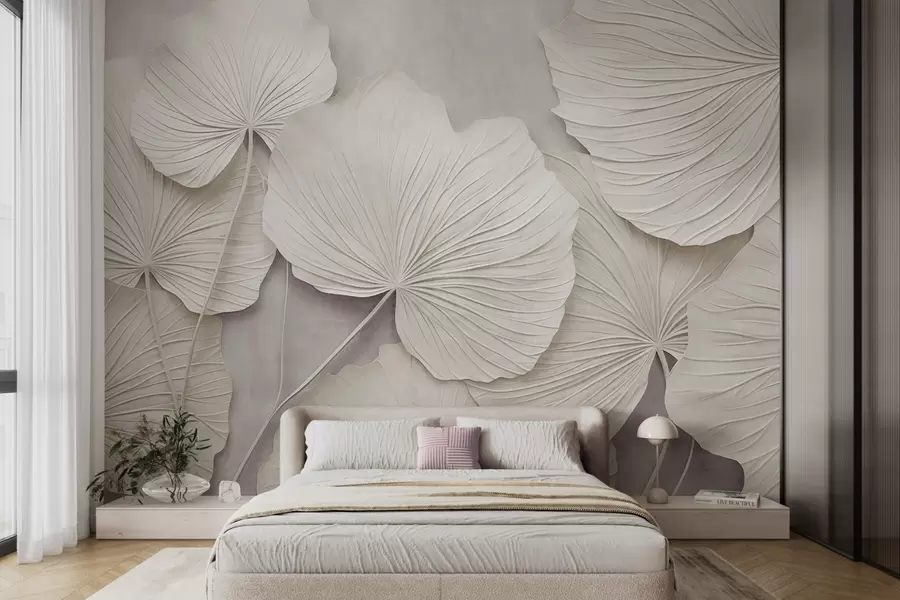 Papier peint De grandes feuilles texturées sur un fond doux et discret, dans un style d'art moderne minimaliste w09897