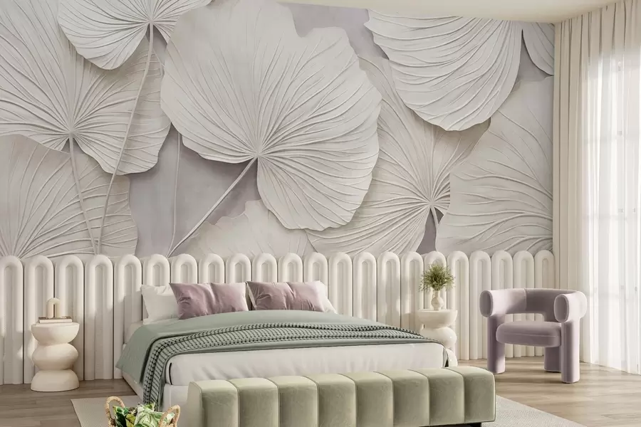 Papier peint De grandes feuilles texturées sur un fond doux et discret, dans un style d'art moderne minimaliste w09897