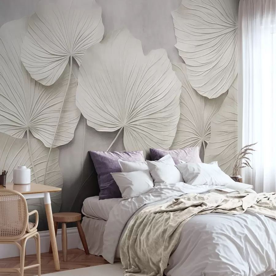 Papier peint De grandes feuilles texturées sur un fond doux et discret, dans un style d'art moderne minimaliste w09897