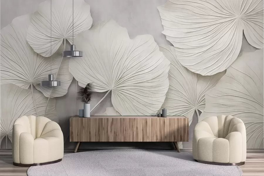 Papier peint De grandes feuilles texturées sur un fond doux et discret, dans un style d'art moderne minimaliste w09897