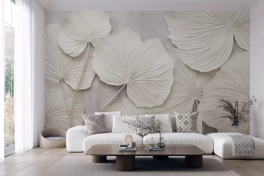 Papier peint De grandes feuilles texturées sur un fond doux et discret, dans un style d'art moderne minimaliste w09897