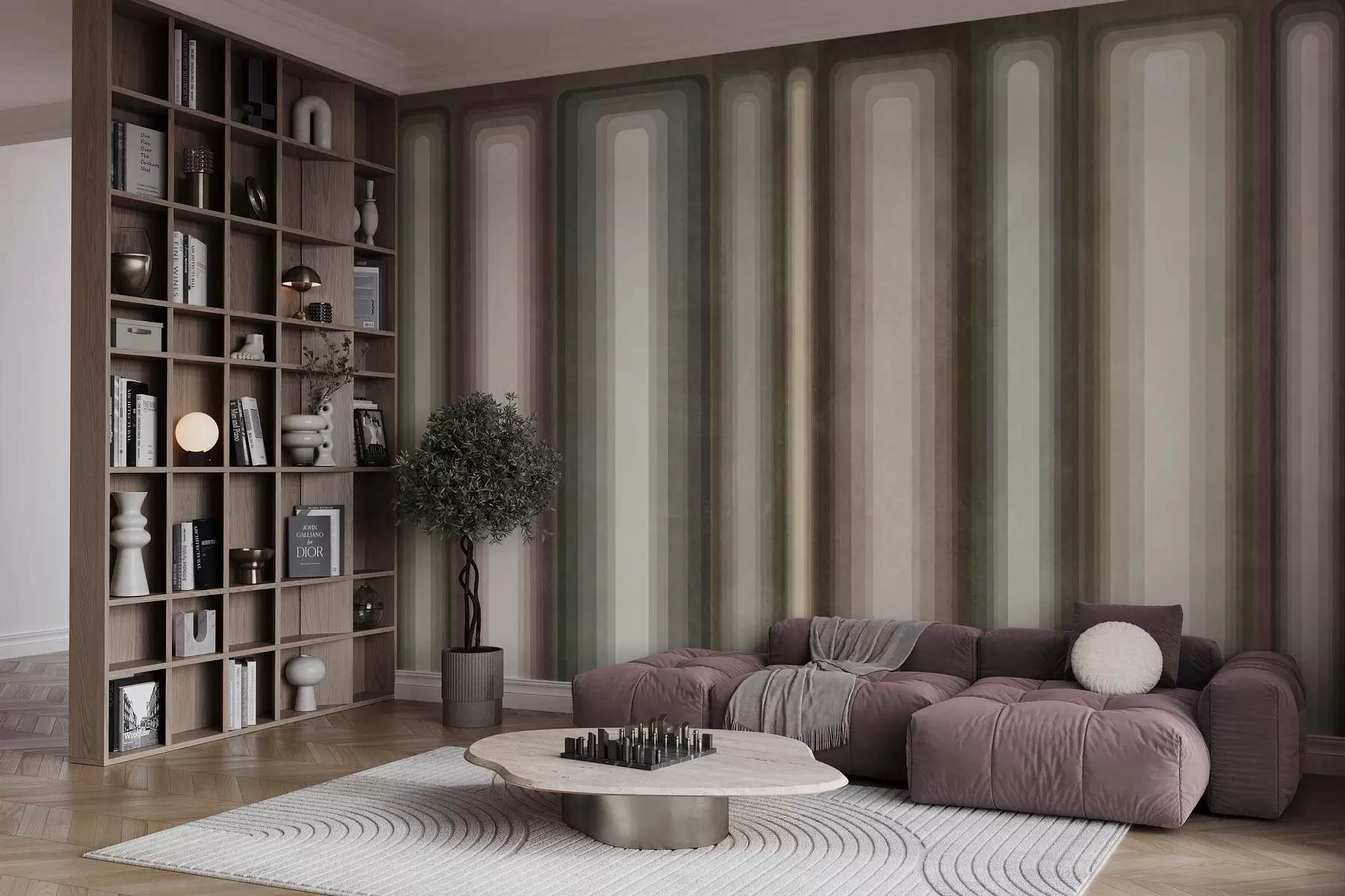 Papier peint Rectangles abstraits texturés, à angles arrondis et disposés verticalement, dans des tons discrets de marron, de beige et de rose pâle w09905