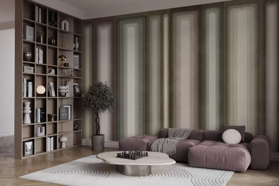 Papier peint Rectangles abstraits texturés, à angles arrondis et disposés verticalement, dans des tons discrets de marron, de beige et de rose pâle w09905