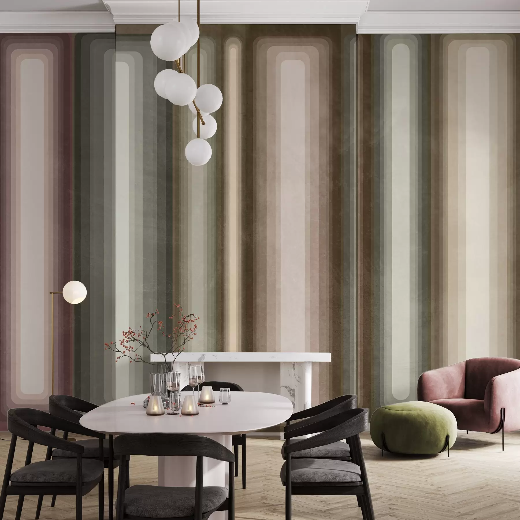 Papier peint Rectangles abstraits texturés, à angles arrondis et disposés verticalement, dans des tons discrets de marron, de beige et de rose pâle w09905