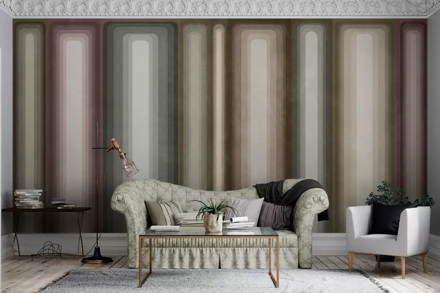 Papier peint Rectangles abstraits texturés, à angles arrondis et disposés verticalement, dans des tons discrets de marron, de beige et de rose pâle w09905