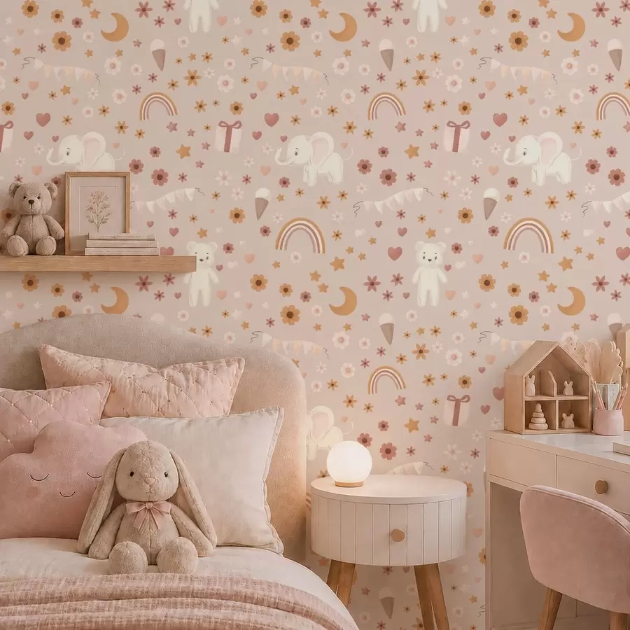 Papier peint Motif pour enfants avec un éléphant, un arc-en-ciel et des fleurs a00433