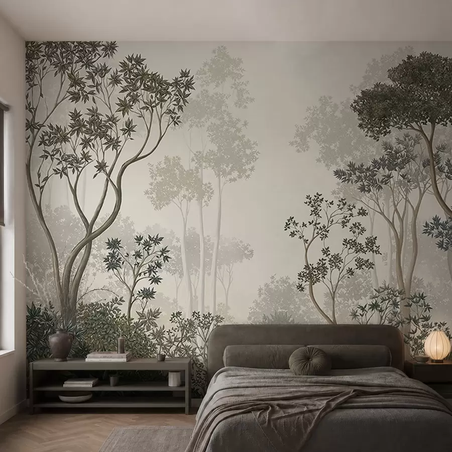 Papier peint Une forêt brumeuse avec des arbres et un cours d'eau paisible w05700