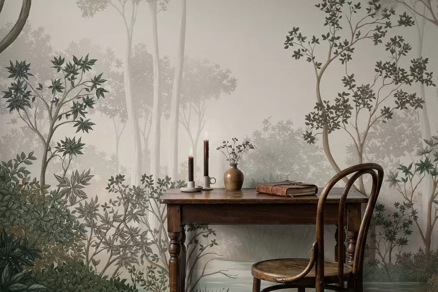 Papier peint Une forêt brumeuse avec des arbres et un cours d'eau paisible w05700