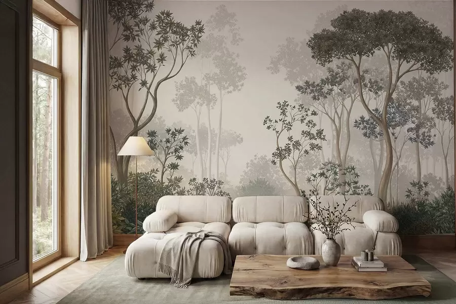 Papier peint Une forêt brumeuse avec des arbres et un cours d'eau paisible w05700