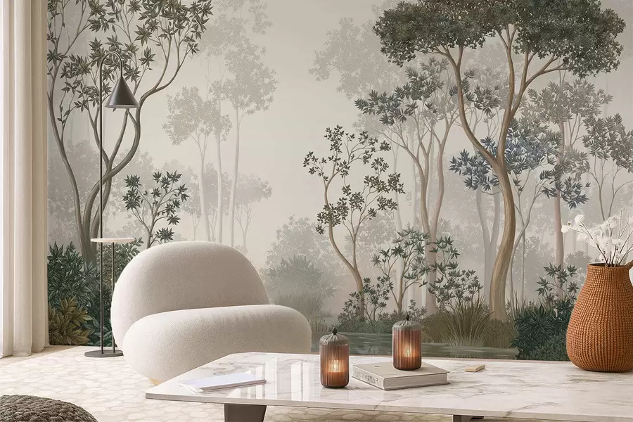 Papier peint Une forêt brumeuse avec des arbres et un cours d'eau paisible w05700