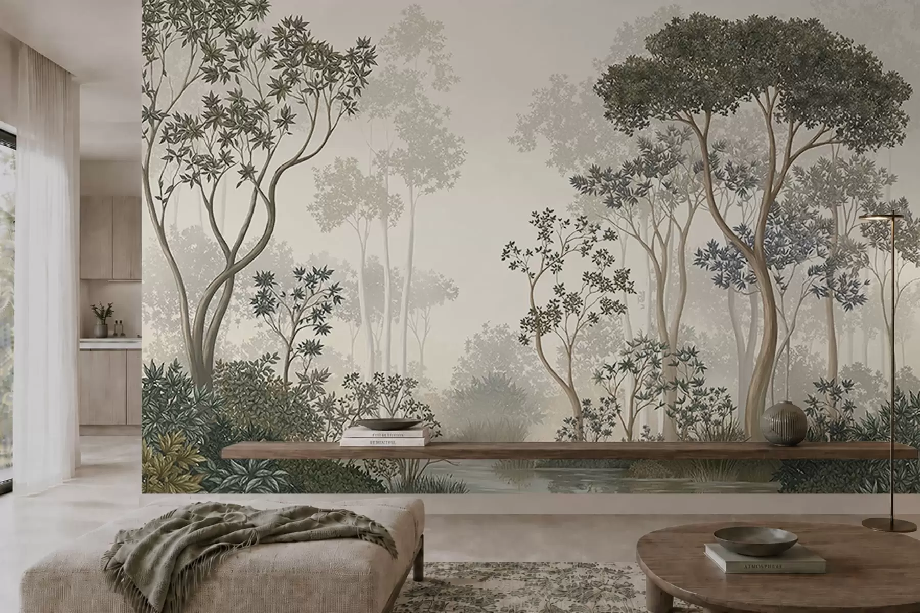 Papier peint Une forêt brumeuse avec des arbres et un cours d'eau paisible w05700