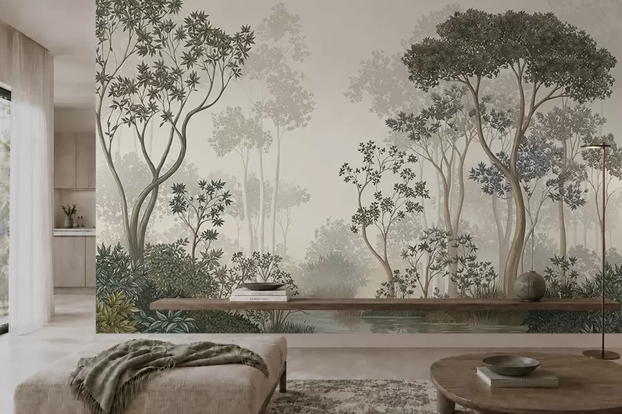 Papier peint Une forêt brumeuse avec des arbres et un cours d'eau paisible w05700